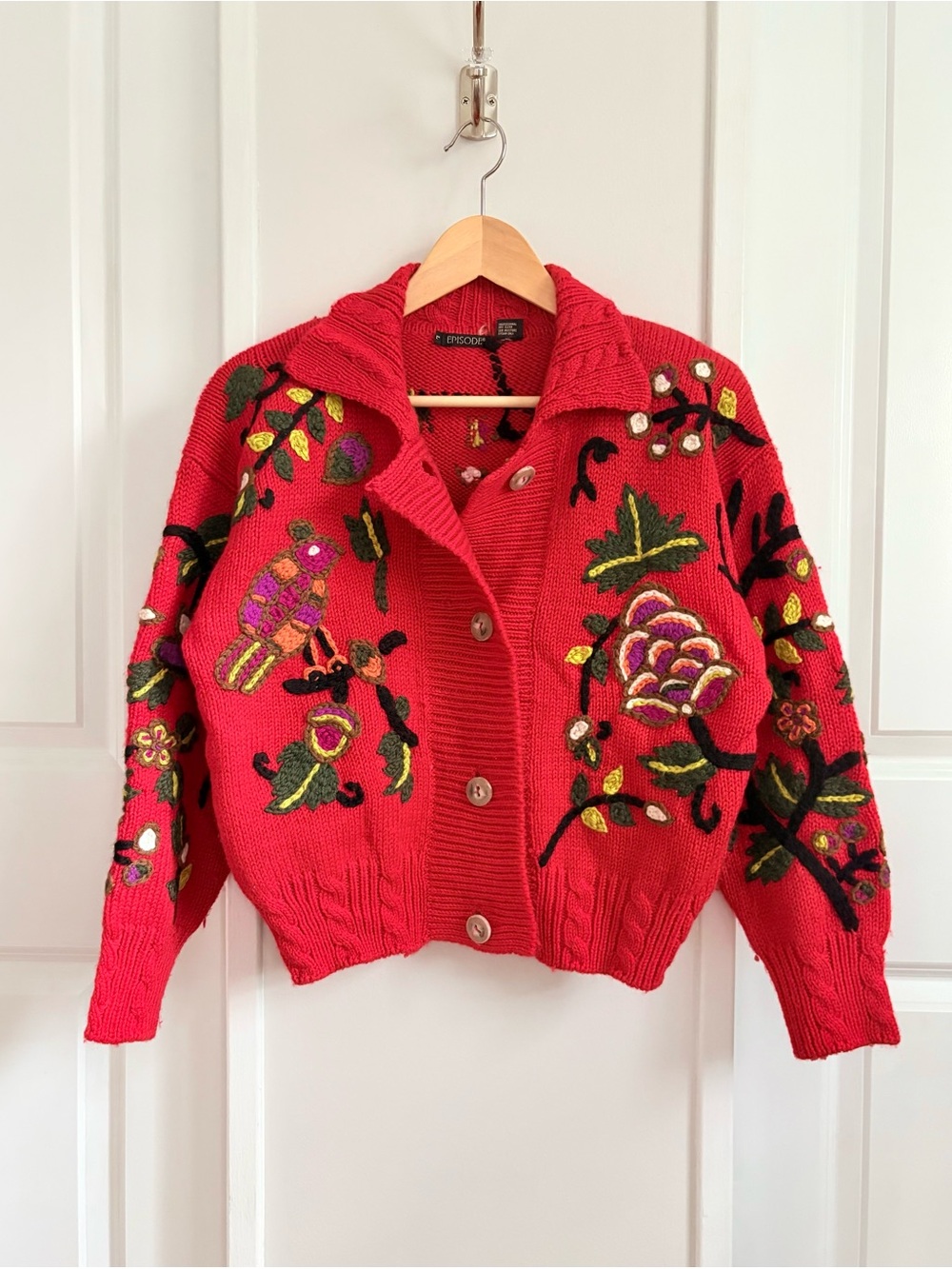 Vintage Episode 100% Wool Embroidered Bird Cardigan Red L